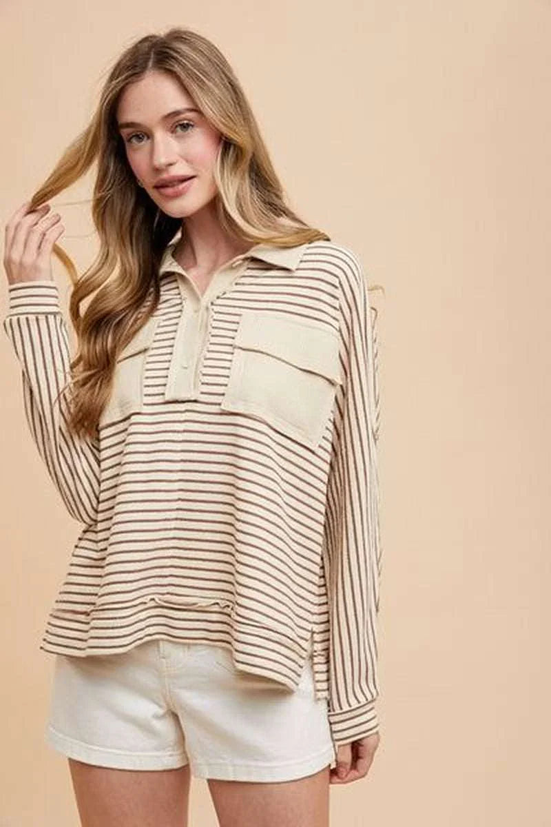 Annie Wear Striped Button Detail Long Sleeve Polo Top